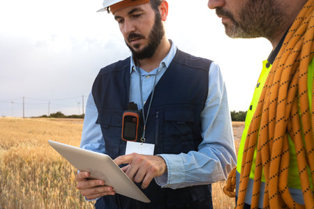 Electric engineer explaining maintenance worker plans for wind turbine farm using tablet.