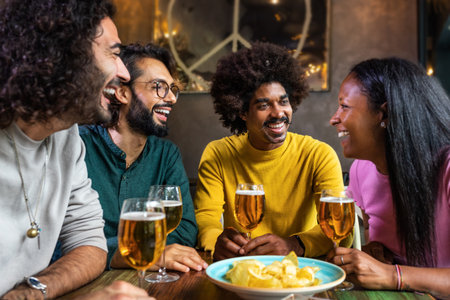 African American woman laughing with friends in a bar having. People having fun, drinking beer and talking in a pub.の写真素材