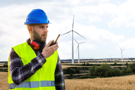 Male maintenance worker in wind turbine farm communicating with walkie-talkie. Copy space.の写真素材