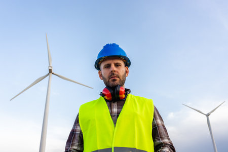 Maintenance worker standing at wind turbine farm looking at camera. Renewable energy.の写真素材