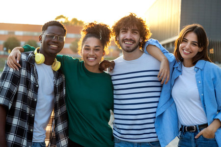 Group of happy and smiling multiracial friends embracing looking at camera standing outdoors during...
