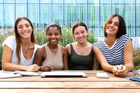 Front view of happy multiracial female university student friends studying outdoor in college campus looking at camera.の写真素材