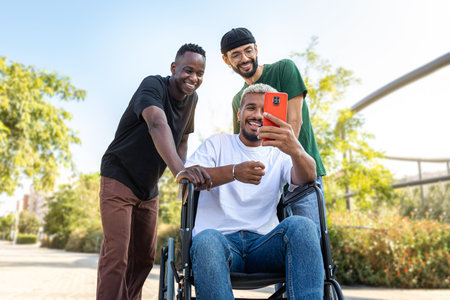 Young African American man in a wheelchair using phone together with male friends outdoors.の写真素材