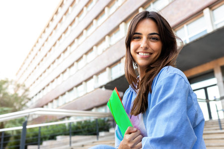 Young female college student sitting on stairs outside university building. Young woman looking at camera. Copy space.の写真素材