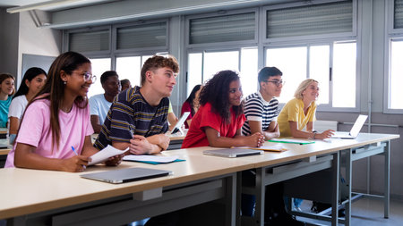 Panoramic image of multiracial happy, smiling college students in classroom listening to lecture.の写真素材
