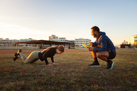 Personal trainer coaching young woman doing push-ups in urban park at sunset
