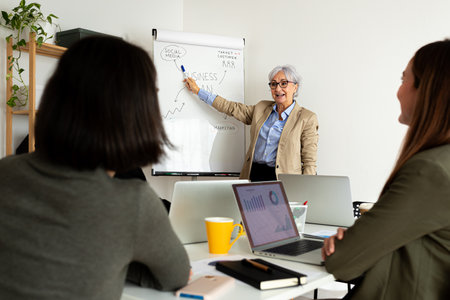 Mature business woman giving presentation to sales and marketing team at the office.の写真素材