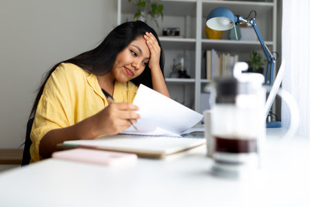 Stressed latina woman having difficulty managing paperwork at home office deskの写真素材