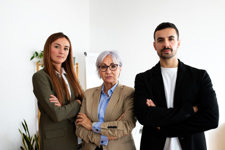 Portrait of three coworkers looking at camera with serious expression and arms crossed standing in the office.の写真素材