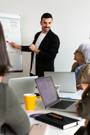 Vertical portrait of young caucasian business man giving presentation to sales and marketing team at the office.の写真素材