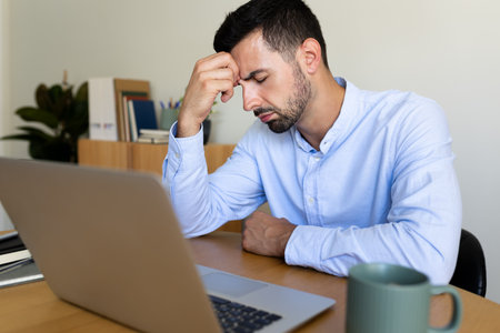 Tired man feeling exhausted and overworked working with laptop at home office. Man having headache.の写真素材