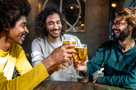 Happy male friends toasting with beer glasses in pub