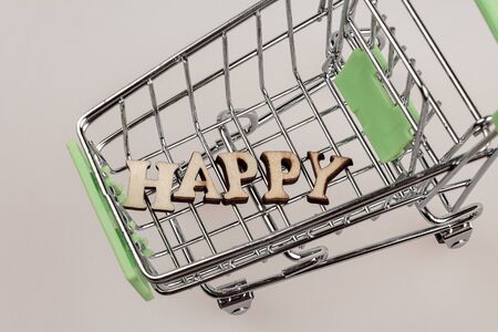 shopping cart with the inscription happiness lined with letters, the concept of a happy person, money can not buy happinessの写真素材