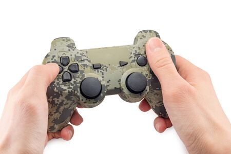 joystick gamepad in the player's hands isolated on white background