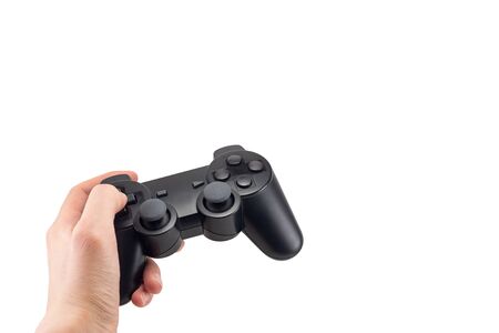 joystick gamepad in the player's hands isolated on white background