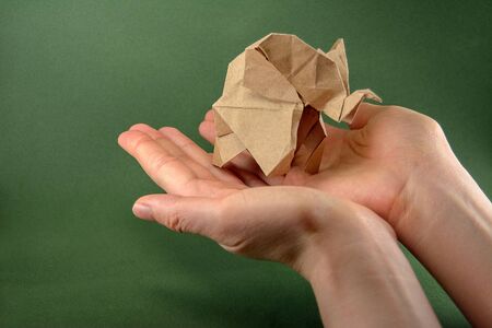origami baby elephant craft paper on a green background on the hand, the concept of saving paper and forests, save paper, save the forest, mockup, copy spaceの写真素材