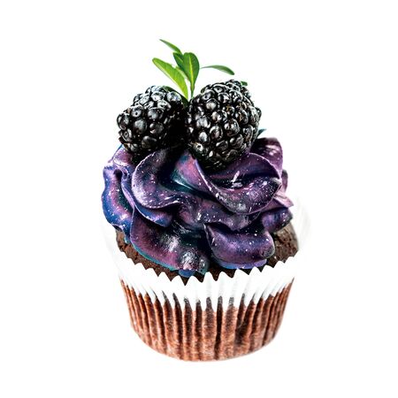 beautiful appetizing cupcake with blue cream and blueberries and blackberries, cakes handmade desserts, close-up isolated on a white backgroundの写真素材