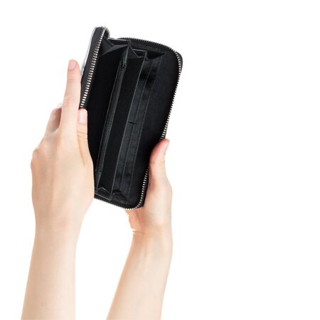 hands with empty wallet isolated on white , bankruptcy, debt, mortgage concept