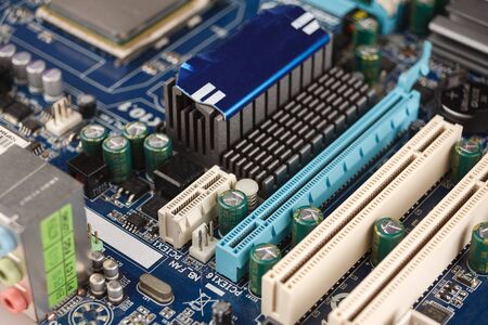pci express connector on the motherboard of the computer close-up, video card connection