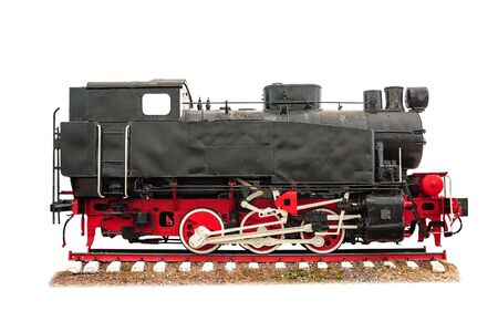 vintage steam train on the rails close-up isolated on white background, retro vehicle, steam engineの写真素材