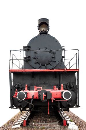 vintage steam train on the rails close-up isolated on white background, retro vehicle, steam engine, front viewの写真素材