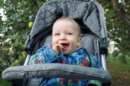 a cheerful little baby up to a year old is sitting in a stroller and happy smiling laughing and...