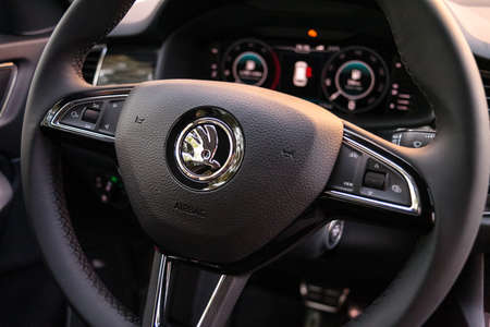 2019.06.01 Russia, Nizhniy Novgorod. Internal equipment and steering wheel of the car Skoda Kodiaq,...