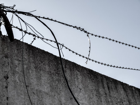 barbed wire close-up against a blue sky, the concept of incarceration, serving a sentence, restriction of freedom, isolation, crime and punishmentの写真素材