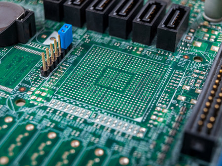 printed circuit motherboard for the server, computer workstation, processor system on a background,...