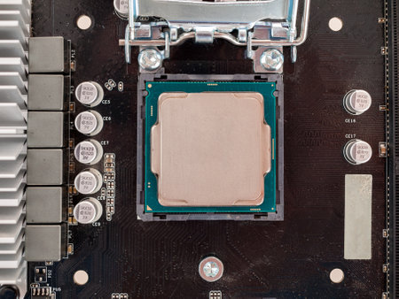 CPU connector on the circuit motherboard with pressure contacts for connecting a silicon microprocessor, CPU selection during computer assembly, computer deviceの写真素材