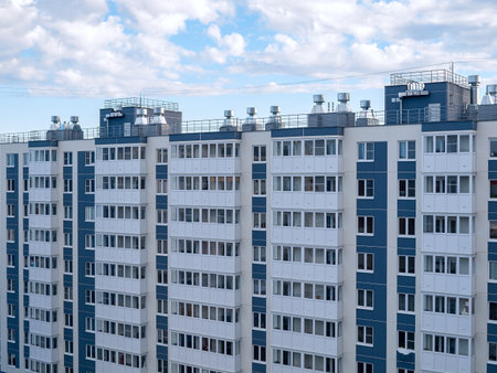 view of multi-apartment multi-storey residential building, panel monolithic new building, renovation, new residential areas in citiesの写真素材