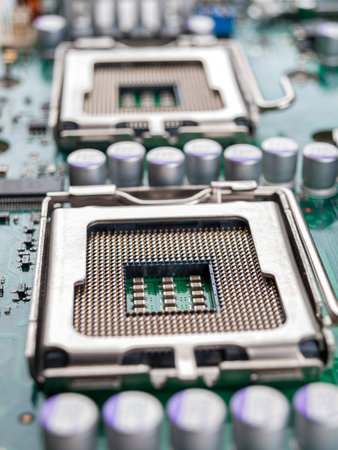CPU connector on the circuit motherboard with pressure contacts for connecting a silicon microprocessor, CPU selection during computer assembly, computer deviceの写真素材