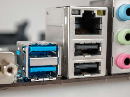 connectors on the computer on the motherboard for connecting USB 3.0 and 2.0, high-speed sockets, close-upの写真素材