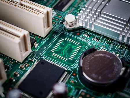 Motherboard of a home, desktop, server, laptop computer, close-up on an electronic board, slots,...