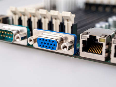 Connector on the computer motherboard for connecting the video cable, connecting the display, vga analog connector, close-upの写真素材