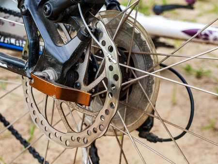 Rear disc brake on a bicycle, perforated, cable brake systemの写真素材