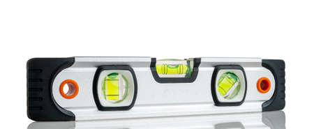 Level, waterpass, measuring instrument of rectangular shape made of metal with transparent flasks...