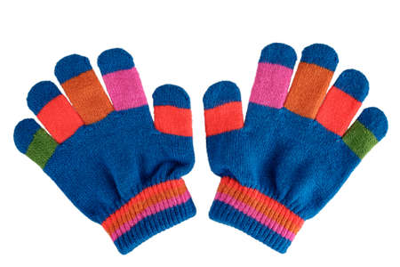 children's textile cotton gloves mittens for kids, colorful bright, warm wool, insulated on a white backgroundの写真素材