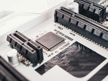 control chip on the computer's motherboard, close-up, connection connectors, chipset, computer assembly and repairの写真素材