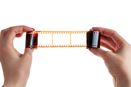 35mm film for photo or film with free frame copy space, isolated on white background, close upの写真素材