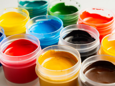 Jars of acrylic gouache paint art painting creativity and developmentの写真素材