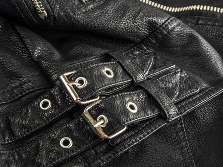 Black leather jacket close-up selectiveの写真素材