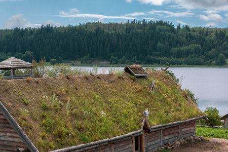 Building with roof covered with green grass and earth, Scandinavian style house close-upの写真素材