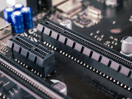 psi express port connector on the motherboard, high-speed data bus in a computer, close-up