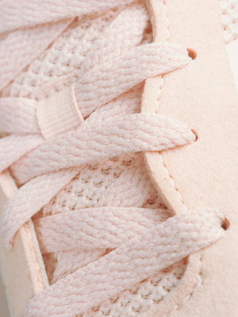 Laces on modern leather sport boots, macro shot selective focus close-upの写真素材