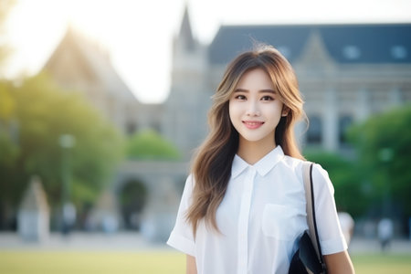 girl university college student against the background of an educational institution, academic year, admission, portrait, close-upの素材