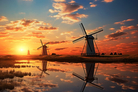 An old mill you have a picturesque beautiful field against the backdrop of the setting sunの素材