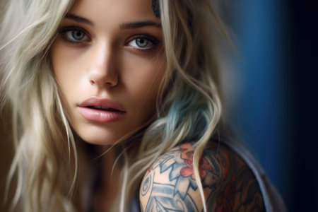 tattooed girl against the background of a tattoo salon portrait closeの素材