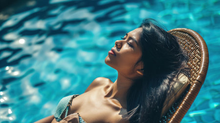 beautiful girl model lies on a sun lounger and relaxes at the resort, summer holiday concept, close-upの素材