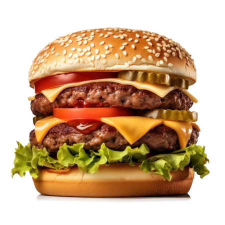 Burger with two beef patties, cheese sauce, appetizing delicious, sesame buns isolated on white background close-upの素材